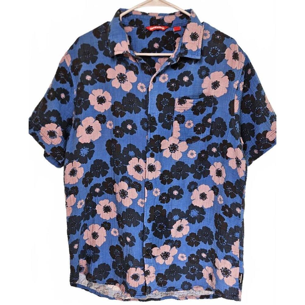 UNIONBAY Men's Blue Floral Textured Short Sleeve Button Down Shirt Size‎ Large
